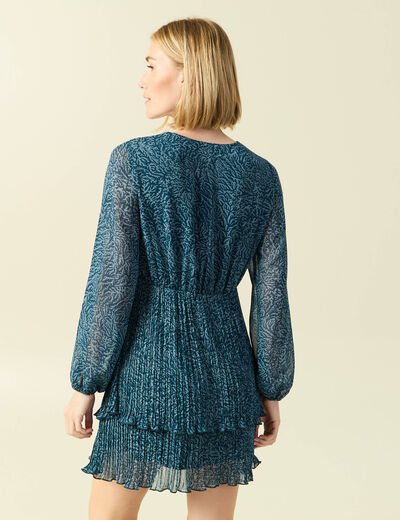Robe &eacute;vas&eacute;e bas pliss&eacute; bleu canard femme
