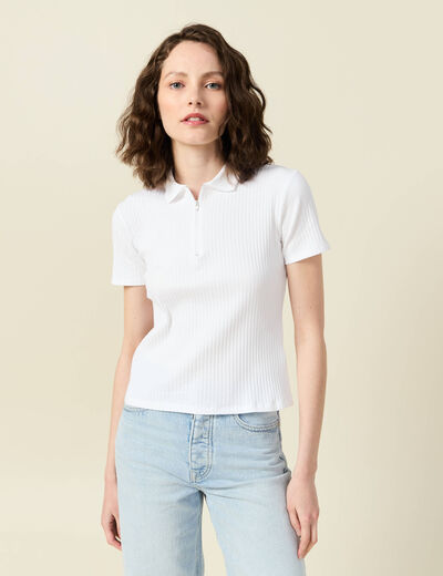 Polo zippé manches courtes blanc femme