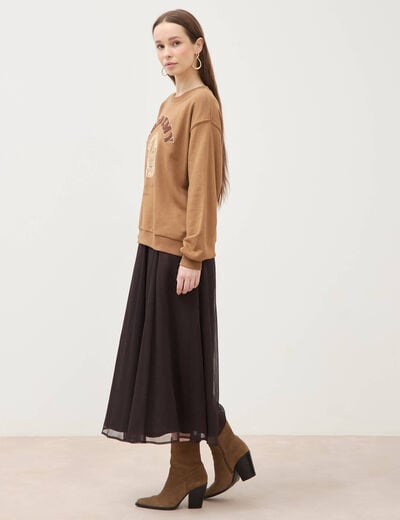 Sweat col rond manches longues marron femme