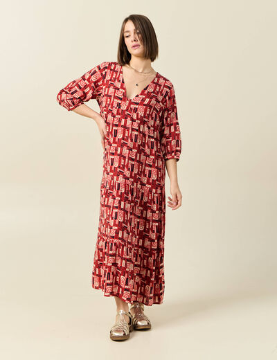 Robe longue droite fluide rouge foncé femme