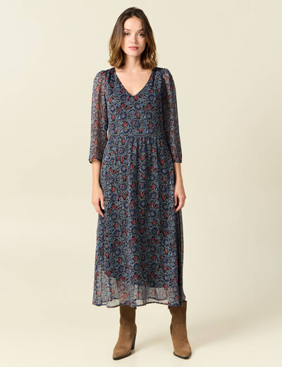 Robe longue évasée col en V noir femme