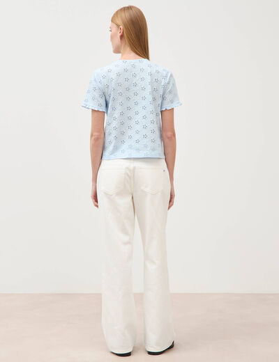 T-shirt droit col rond broderie coton bleu ciel femme