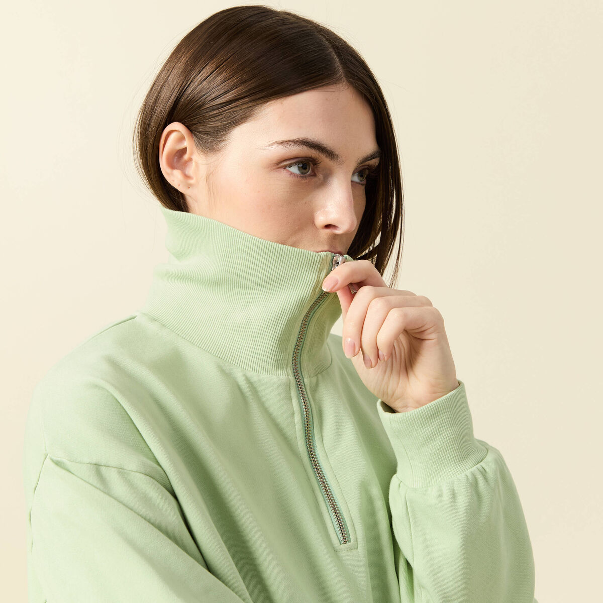 Sweat manches longues col camionneur vert clair femme