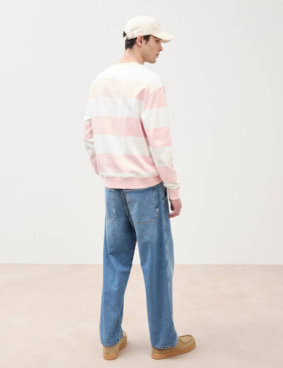 Sweat ray&eacute; col rond manches longues rose poudr&eacute;e homme