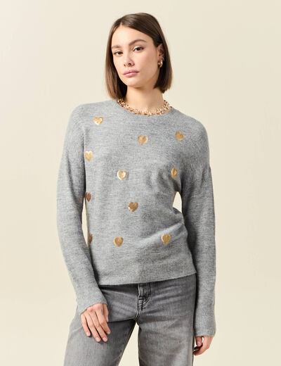 Pull manches longues sequins gris clair femme
