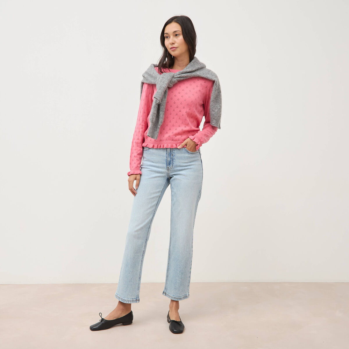 Jeans straight 7/8&egrave;me taille haute denim bleach femme