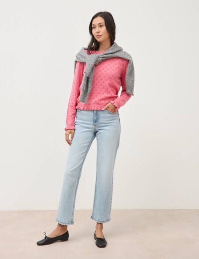 Jeans straight 7/8&egrave;me taille haute denim bleach femme