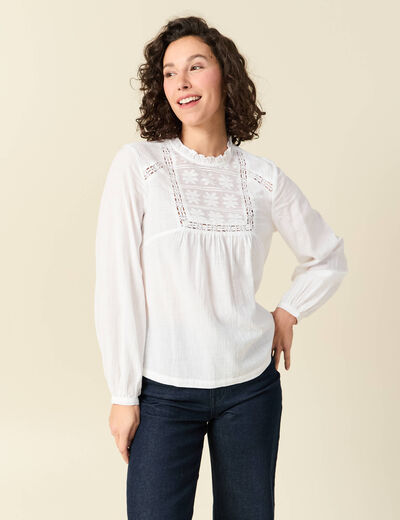 Chemise col montant manches longues ecru femme