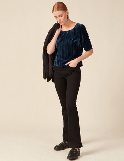 Blouse ajust&eacute;e manches courtes velours bleu canard femme