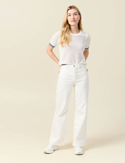 Pull manches courtes ajouré ecru femme