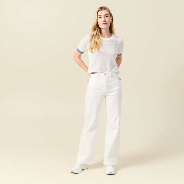 Pull manches courtes ajouré ecru femme