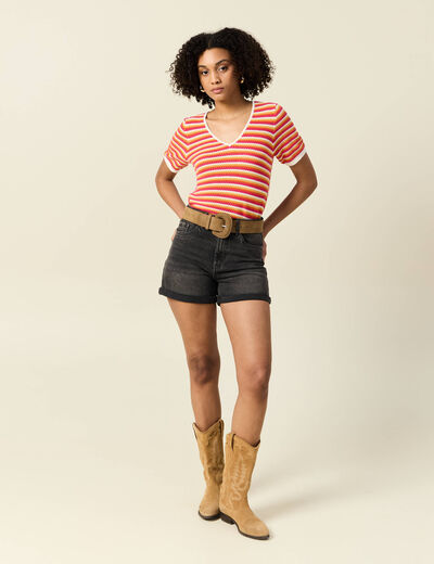Pull manches courtes marron cognac femme
