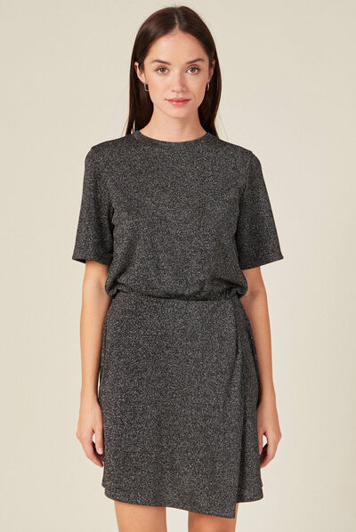 Robe moulante fils métallisés gris foncé femme
