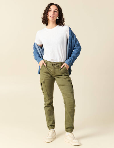 Pantalon cargo battle 7/8&egrave;me en maille vert kaki femme