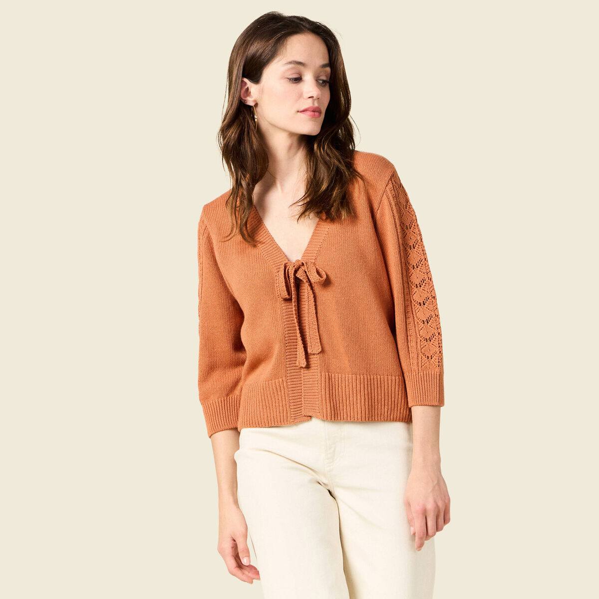 Kimono ajour&eacute; col v manches 3/4 rouge fonc&eacute; femme
