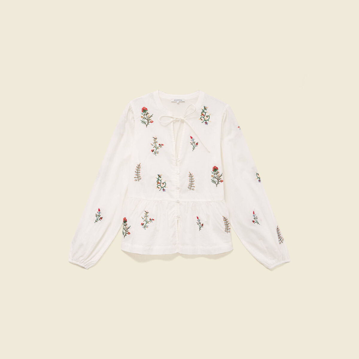 Chemise brod&eacute;e en coton manches longues ecru femme