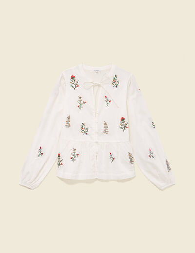 Chemise brod&eacute;e en coton manches longues ecru femme