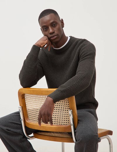 Pull col rond manches longues en coton vert kaki homme