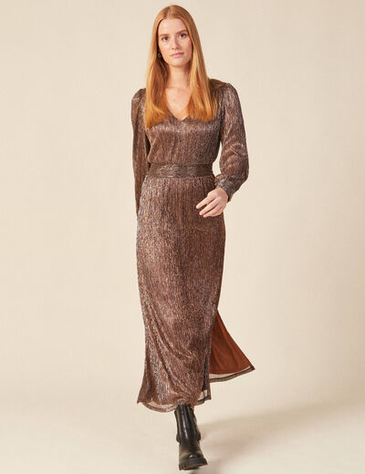 Robe longue évasée col en V marron cognac femme
