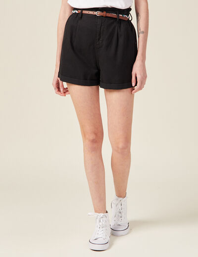 Short paperbag ceinturé noir femme