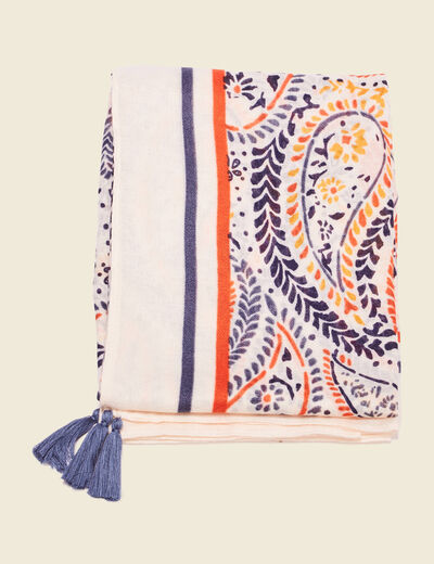 Foulard avec pampilles ecru femme