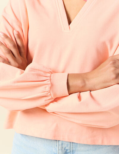 Sweat manches longues col polo rose saumon femme