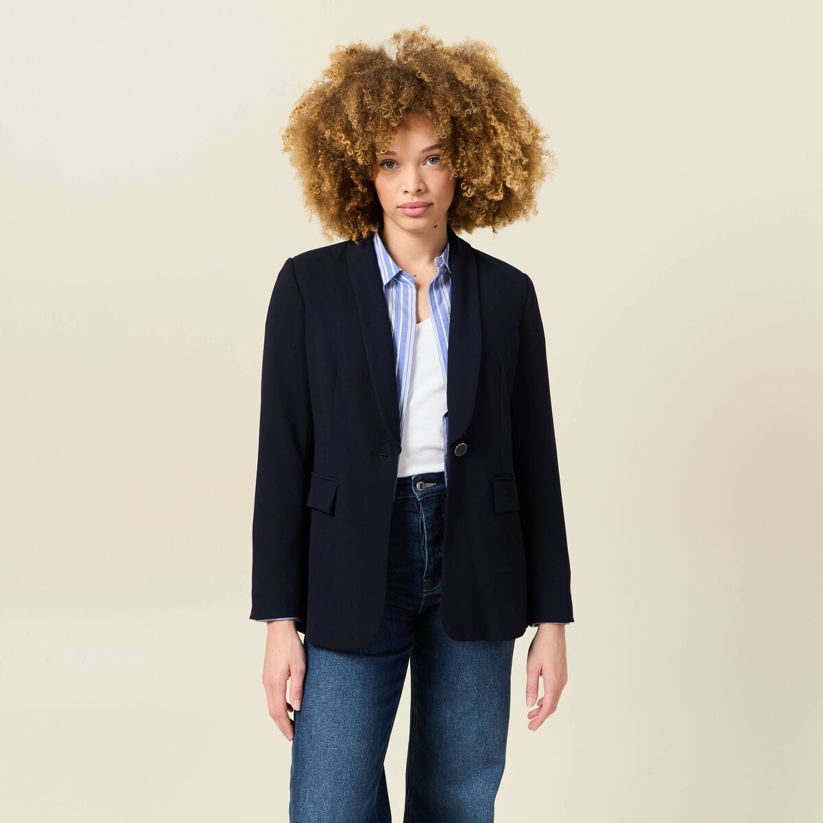 Veste blazer col ch&acirc;le bleu marine femme