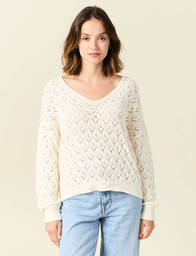 Pull manches longues ajouré creme femme