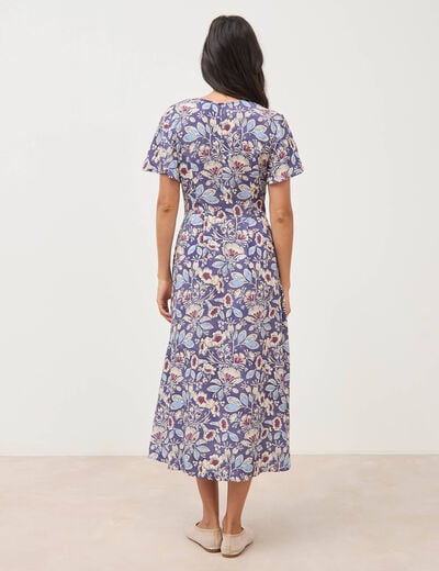 Robe droite 3/4 col v manches courtes bleu femme