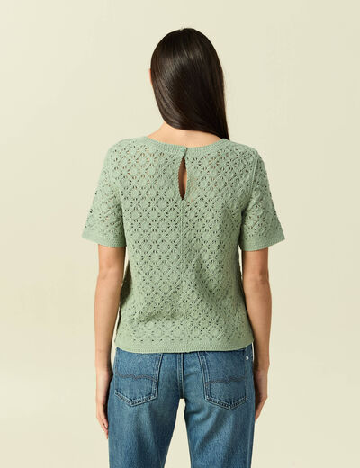 T-shirt ajour&eacute; col rond manches courtes vert kaki femme