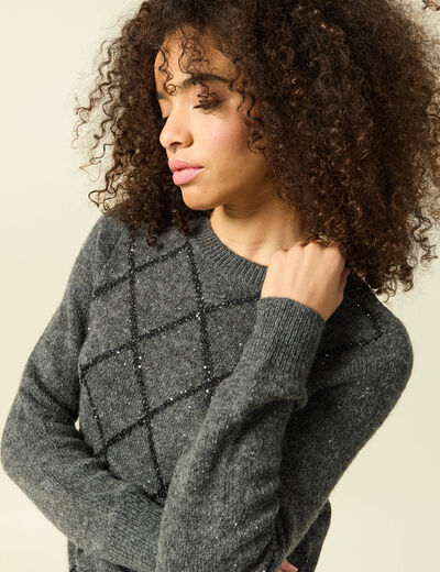 Pull manches longues &agrave; sequins gris fonc&eacute; femme