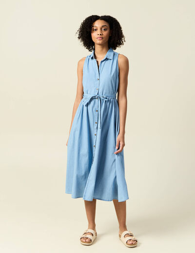 Robe longue trapèze jean denim bleach femme