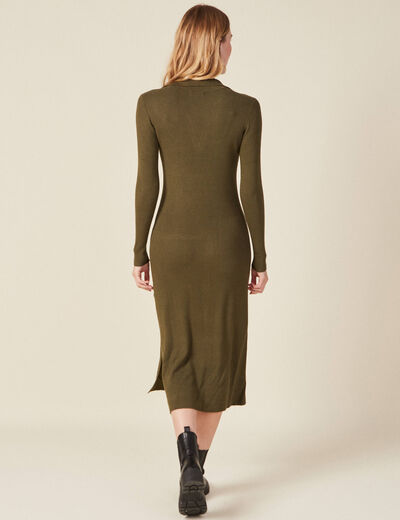 Robe pull longue moulante vert kaki femme