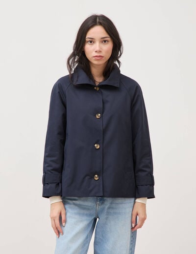 Trench droit court col montant bleu fonc&eacute; femme