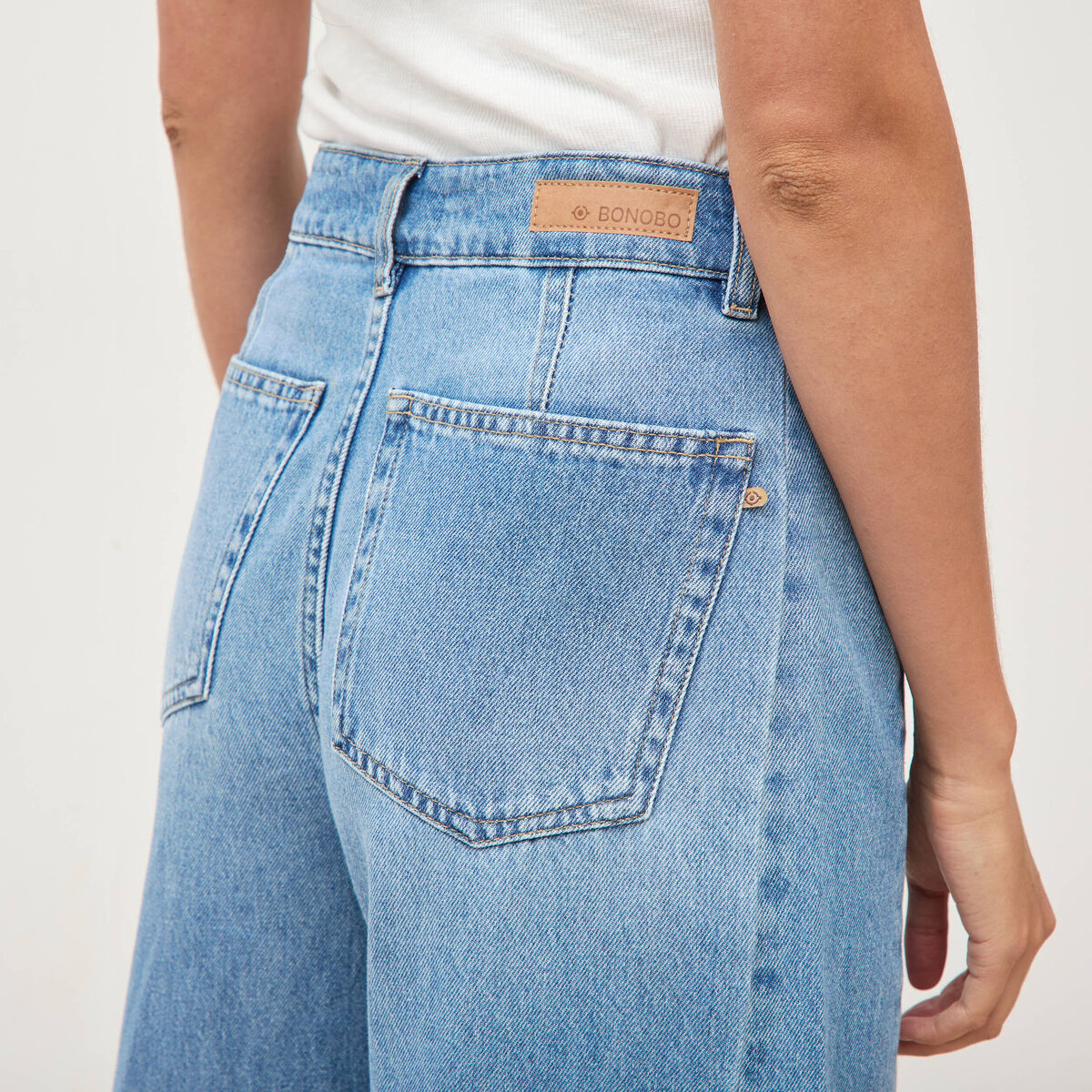 Jeans barrel taille haute broderie denim used femme