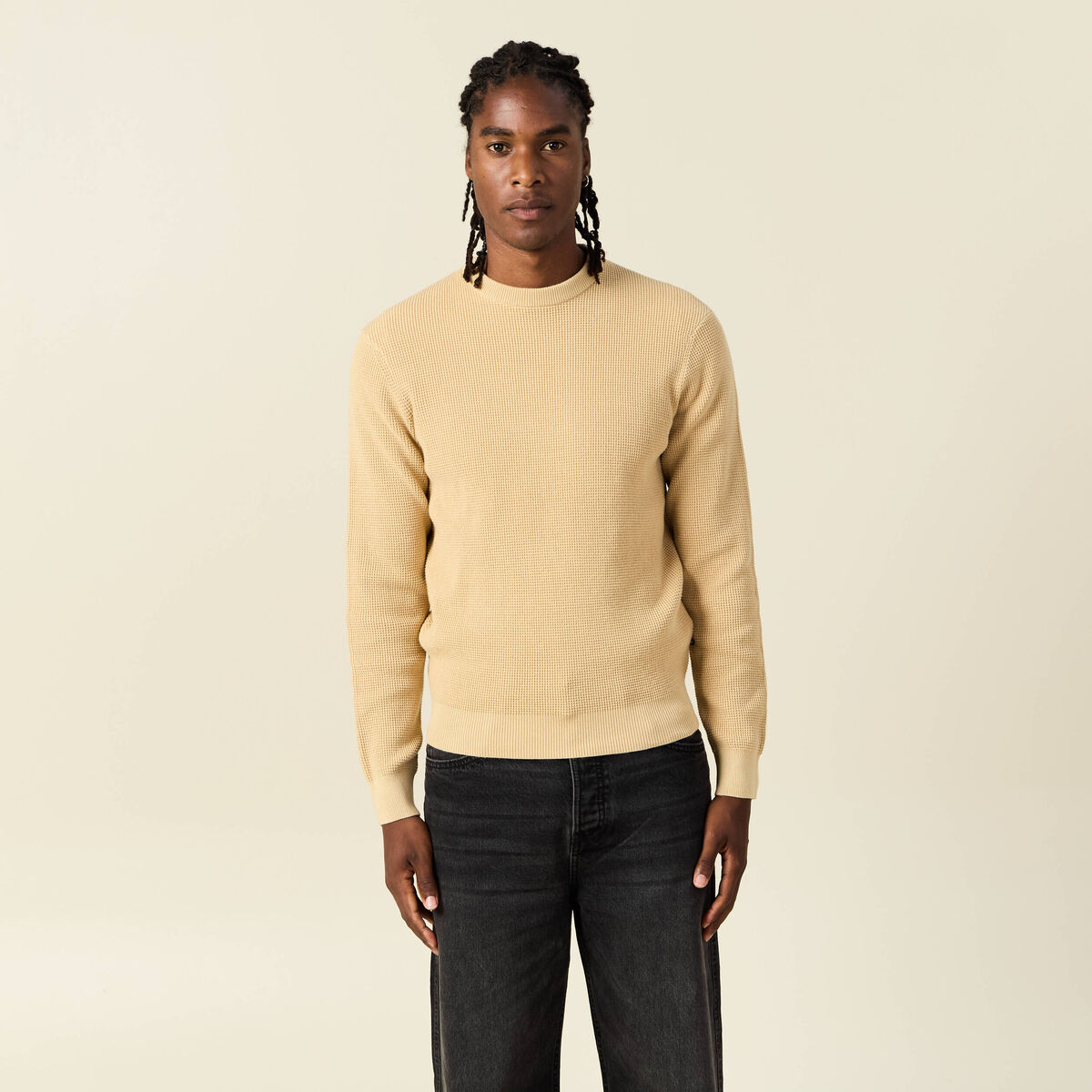Pull manches longues col rond beige homme