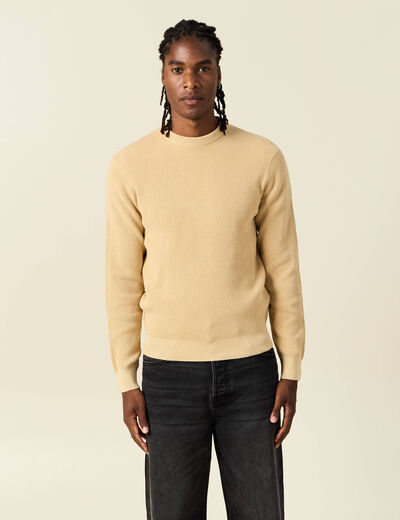 Pull manches longues col rond beige homme