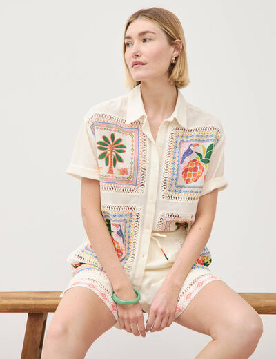Chemise ample brod&eacute;e manches courtes blanc femme