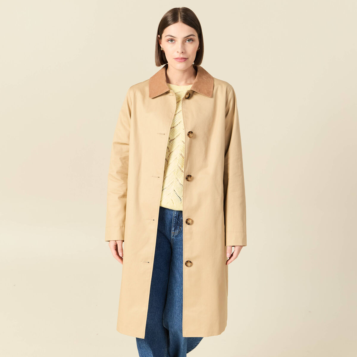 Imperm&eacute;able long droit col tailleur beige femme