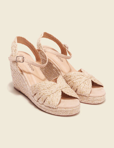 Sandales compensées paille creme femme