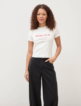 T-shirt cintr&eacute; col rond manches courtes ecru femme