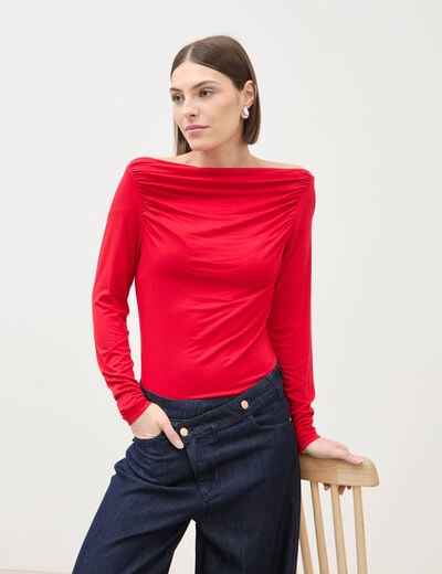 T-shirt ajust&eacute; manches longues bardot rouge femme