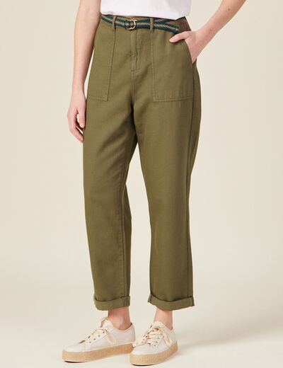 Pantalon large ceinturé vert kaki femme