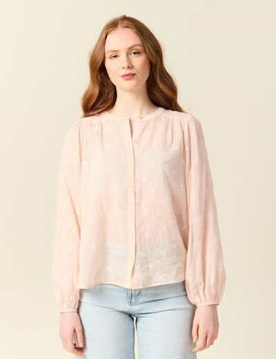 Blouse manches longues brodée rose poudrée femme