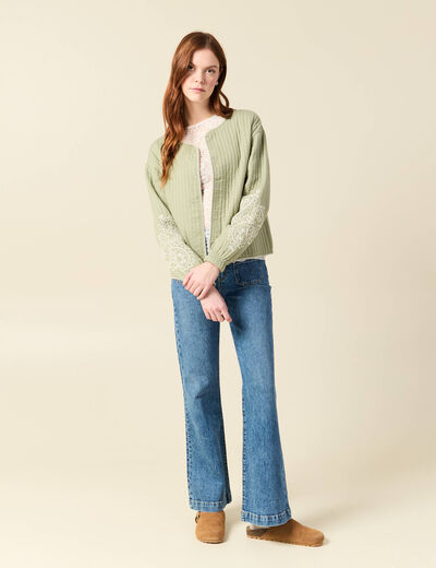 Cardigan droit court col rond brod&eacute; vert kaki femme