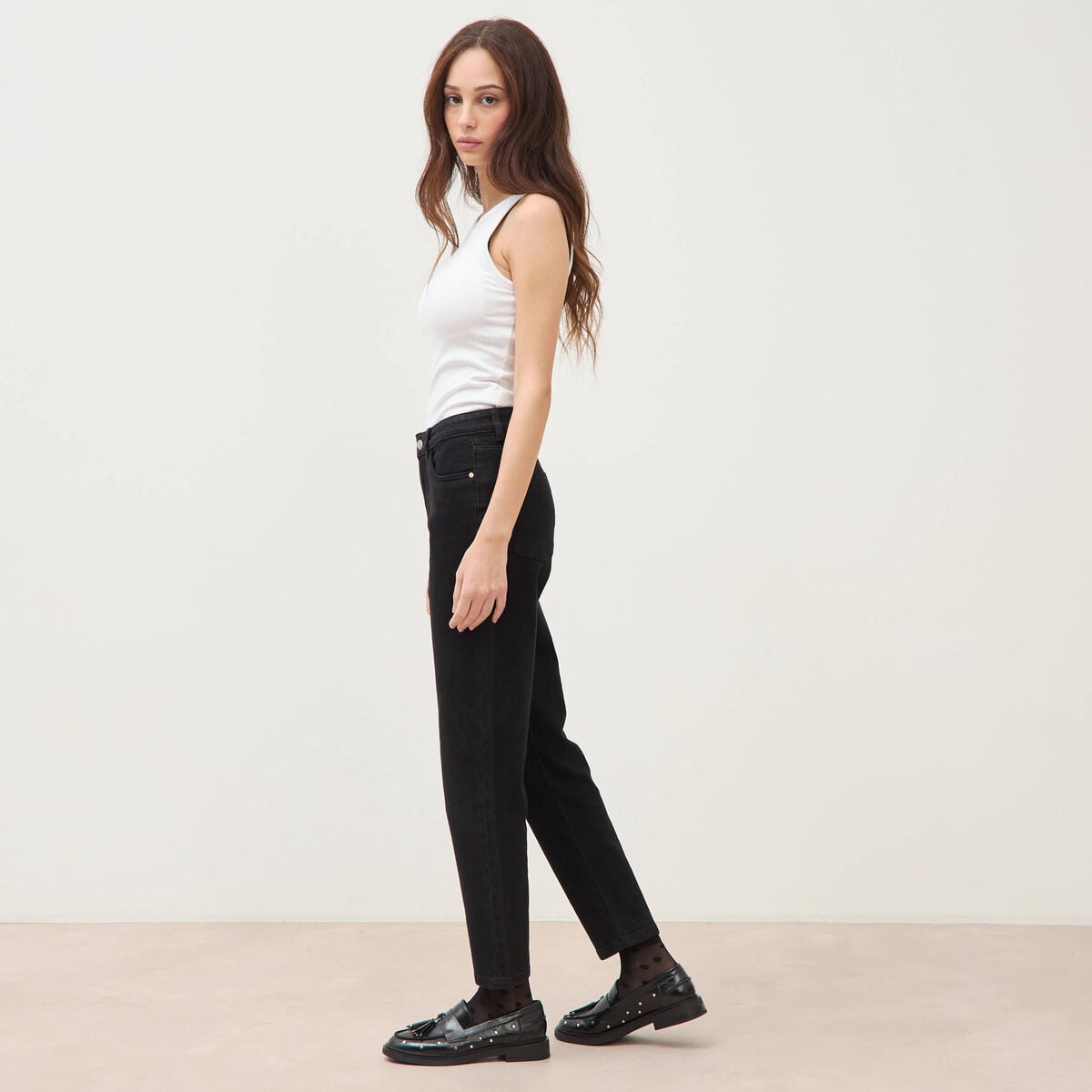 Jeans mom 7/8&egrave;me denim noir femme