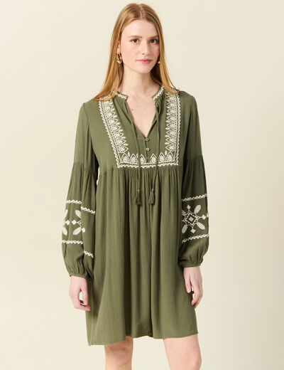 Robe brodée éco-responsable vert kaki femme
