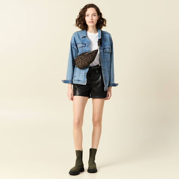 Short similicuir ceinturé noir femme