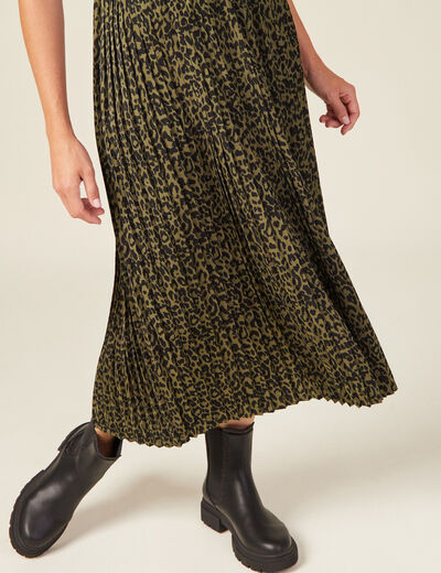 Robe midi évasée plissée satin vert kaki femme