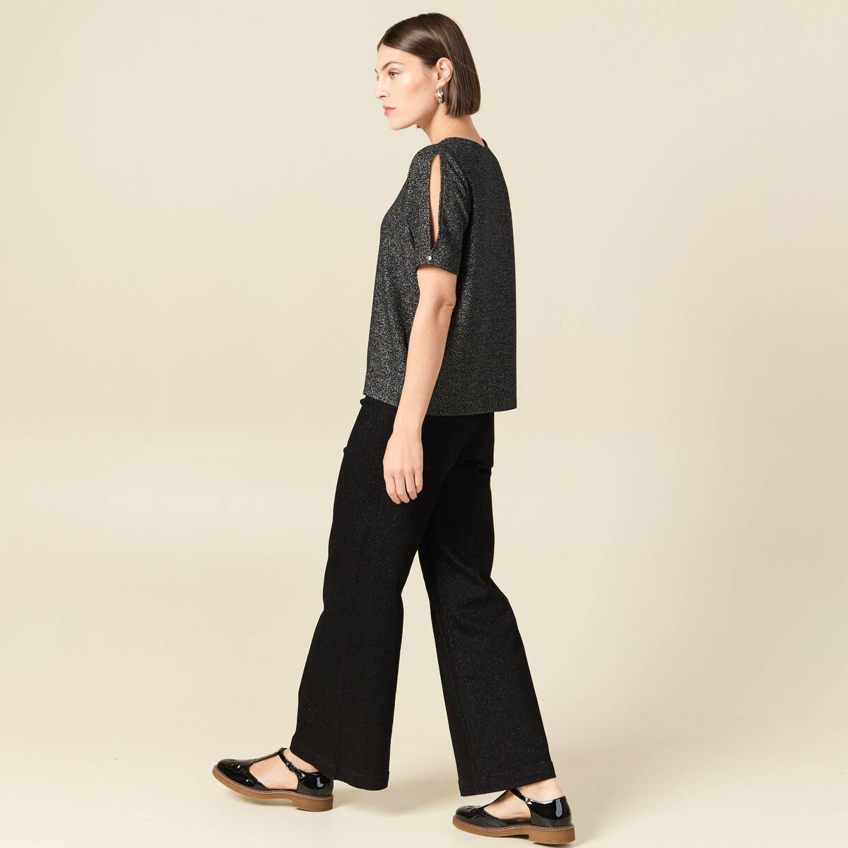 T-shirt manches courtes brillant noir femme